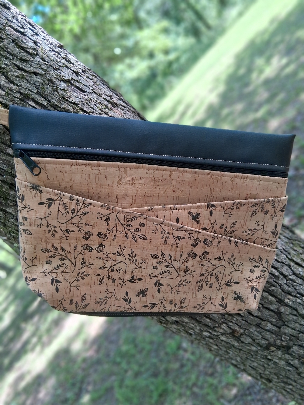 Cork Floral Print Zipper Pouch with Black Trim